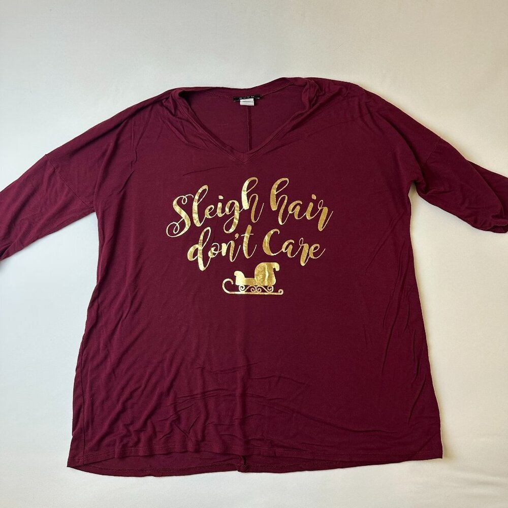 BLVD Shirt Womens 3X Sleigh Hair Don't Care V-Neck 3/4 Sleeve Christmas Tunic